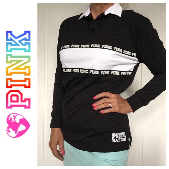 VS PINK BLACK & WHITE COLLEGIATE COLLECTION PINK NATION RUGBY TOP SIZE XS - Picture 3 of 14